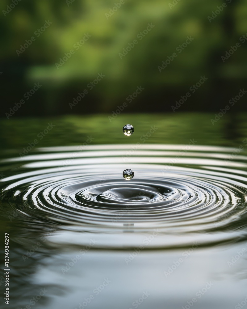 Poster A close-up view of a single water drop descending into a tranquil pond, creating ripples in the calm surface during daylight