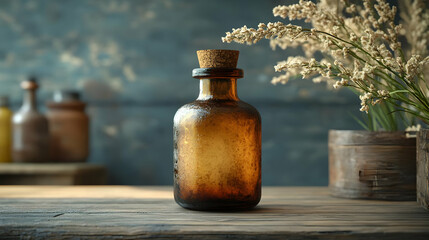 Vintage glass bottle with cork on a wooden table, surrounded by delicate flowers, creating a rustic ambiance.