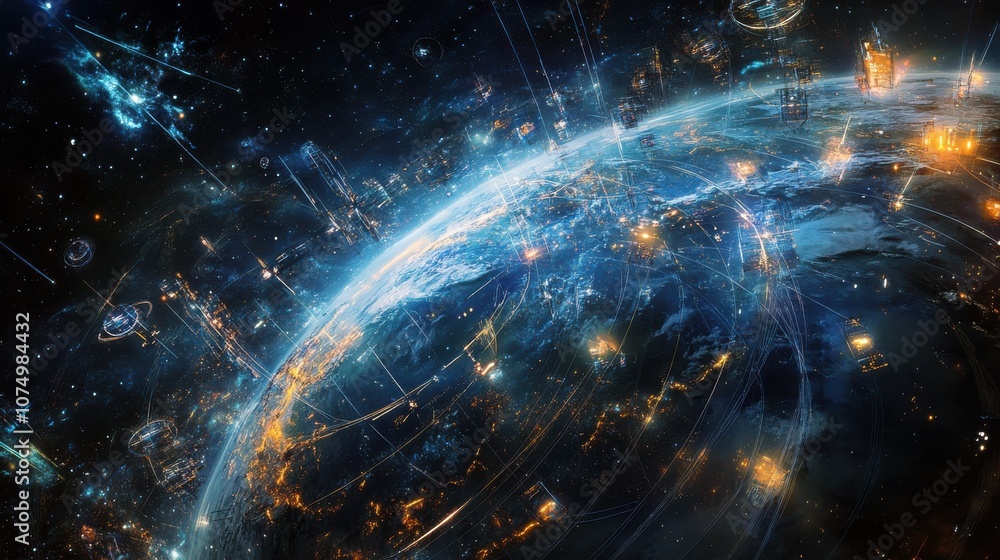 Poster a vibrant conceptual artwork showcasing a futuristic cityscape illuminated by celestial lights above