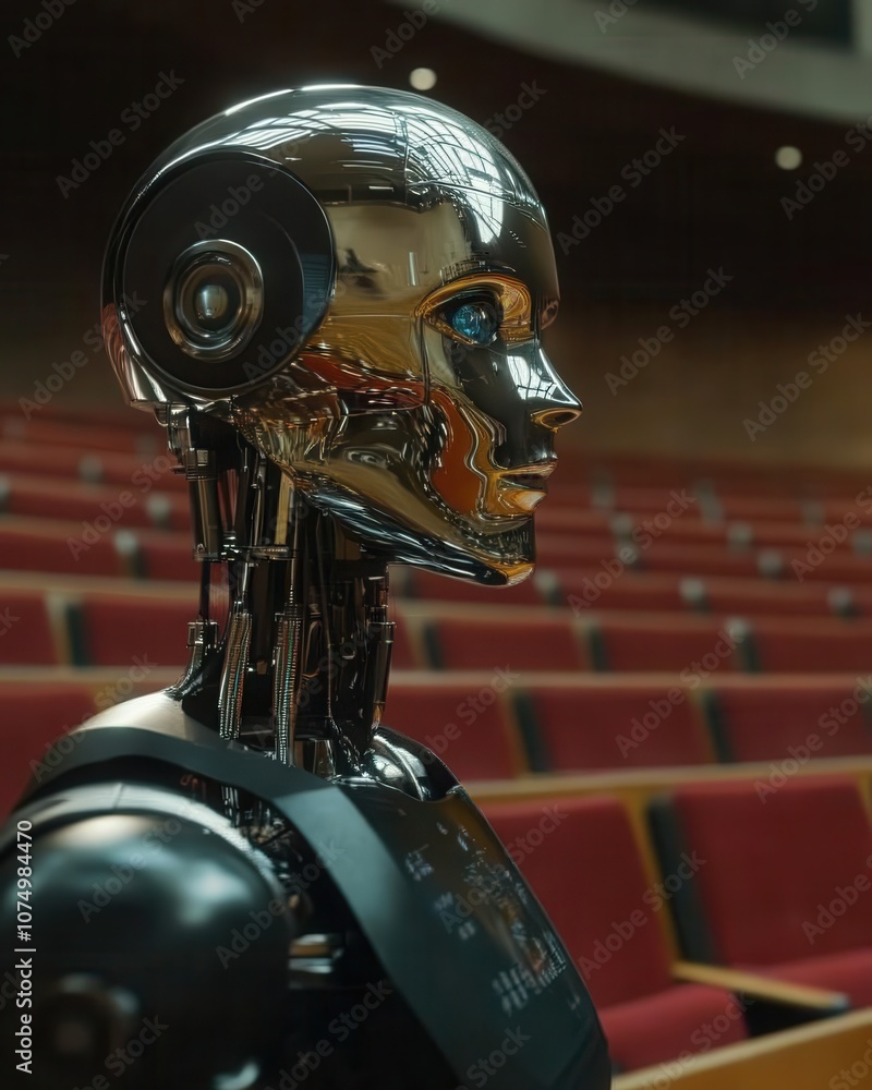 Poster close-up of a humanoid robot reflecting light while poised in a modern auditorium setting during a t