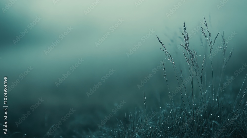 Poster a close-up view of dew-clad grass in a serene, foggy landscape at dawn