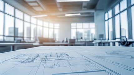 Architectural Blueprint on a Table with a Blurred Office Background