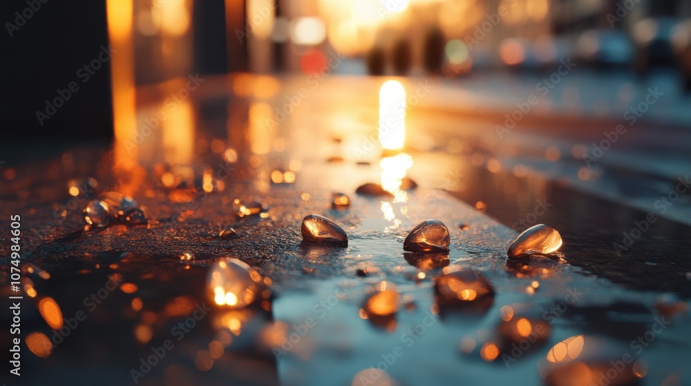 Poster a close-up view of hailstones scattered on a wet sidewalk during a dramatic sunset in an urban setti