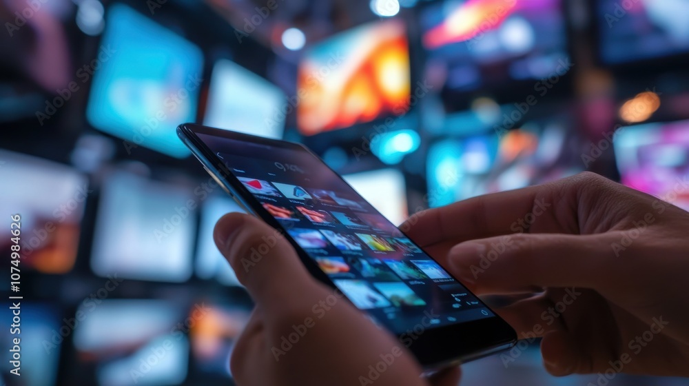 Poster close-up of hands holding a smartphone with colorful media content displayed, immersed in a vibrant 