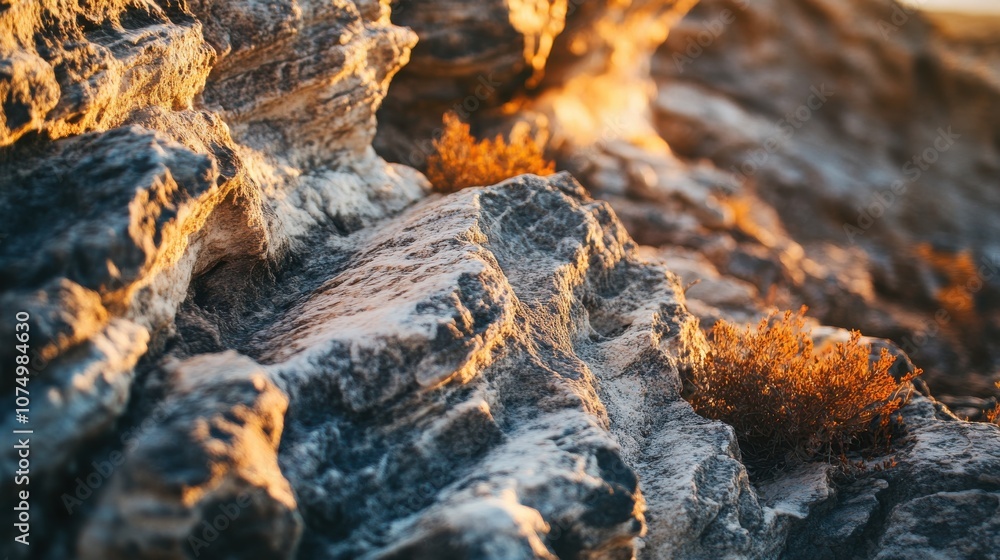 Poster Close-up of unique rock formations illuminated by sunlight showcasing intricate textures and colors in nature's landscape