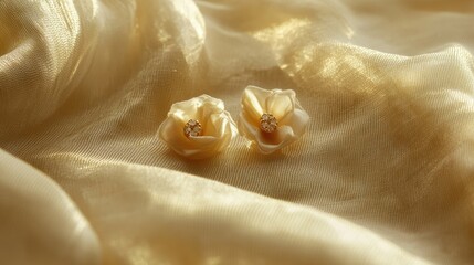 Elegant Cream Floral Earrings Set on Soft Golden Fabric, Evoking Luxury and Sophistication in Jewelry Photography for Fashion and Accessories