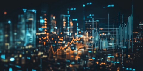 Financial data visualization, city skyline, glowing lights, stock market trends