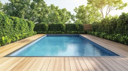Modern swimming pool design with a sleek wooden deck and green bush fence background, rendered in 3D with realistic lighting