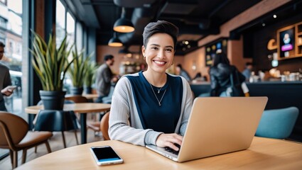 In a vibrant cafe, a young woman smiles while typing on her laptop, surrounded by people enjoying their morning coffee and conversations. Natural light brightens the welcoming atmosphere