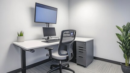 Modern Minimalist Office Workspace with Desk, Chair, and Plant