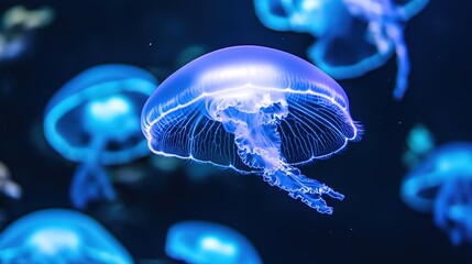 Close-up of a translucent comb jelly pulsating gracefully in dark water, showcasing the mesmerizing bioluminescence and delicate marine life.