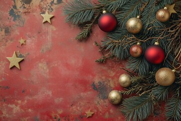 Christmas background with red and gold decorations, stars, and pine branches on a red backdrop