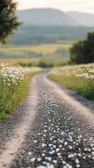 Fototapeta premium A peaceful rural road winding through wildflowers with distant hills under soft daylight