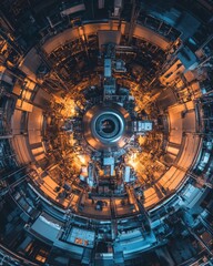 Fototapeta premium Close-up view of a nuclear reactor core showcasing intricate structures and glowing elements during operational phase