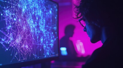 A close-up view of a computer screen displaying complex data visualization with colorful light effects and a focused individual in the background