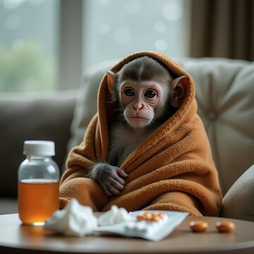 baby monkey wrapped in warm blanket, bottle of cough syrup, handkerchiefs and pills on wooden table in foreground. illness, sick pet care, seasonal cold, ill animal, sick leave, home treatment concept