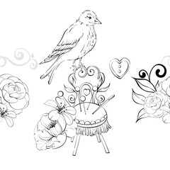 Vintage sewing tools, flowers and bird. Elegant Sewing Chair with Pin Cushion. Seamless border. Handcraft in retro style. Vintage old fashion background, tailoring for logo, postcard, fabric, printing