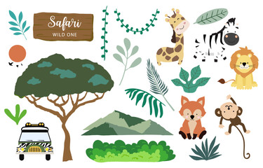 Set of safari object element with animal, car and tree