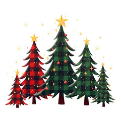 Six Christmas trees with various decorations. Two have red and black plaid