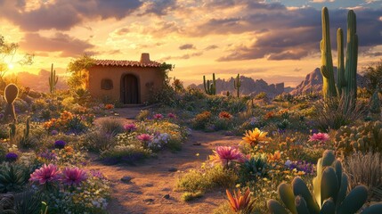 Naklejka premium A charming view of a small adobe structure surrounded by vibrant flowers at sunset in the desert landscape