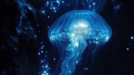 Close-up of a translucent comb jelly pulsating gracefully in dark water, showcasing the mesmerizing bioluminescence and delicate marine life.