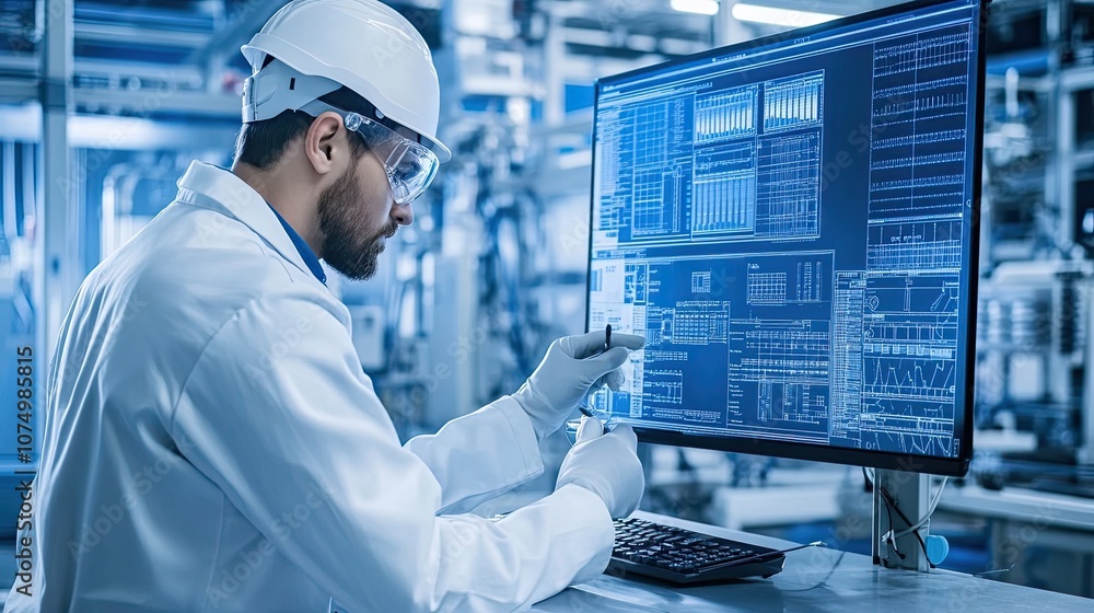 Poster industrial engineer analyzing data on a computer monitor