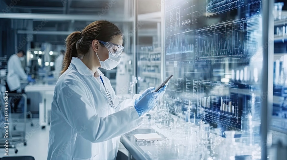 Aufkleber scientist in lab coat reviewing data on tablet and large screen