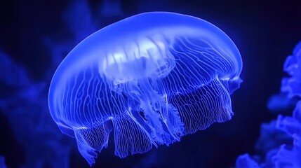 Close-up of a translucent comb jelly pulsating gracefully in dark water, showcasing the mesmerizing bioluminescence and delicate marine life.