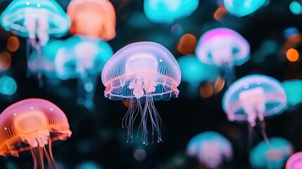 Close-up of a translucent comb jelly pulsating gracefully in dark water, showcasing the mesmerizing bioluminescence and delicate marine life.