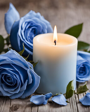 white candle with blue rose, blue rose decor, white candle and blue flower, elegant blue rose arrangement, candle with blue rose, romantic candlelight with blue rose, blue rose centerpiece, white cand