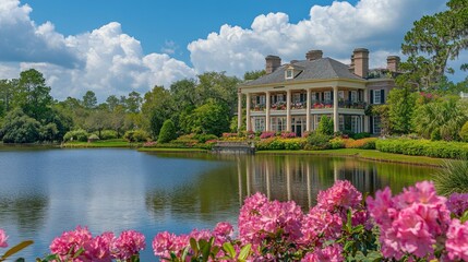 Obraz premium A stunning view of the historic plantation surrounded by vibrant flowers and tranquil waters on a sunny day
