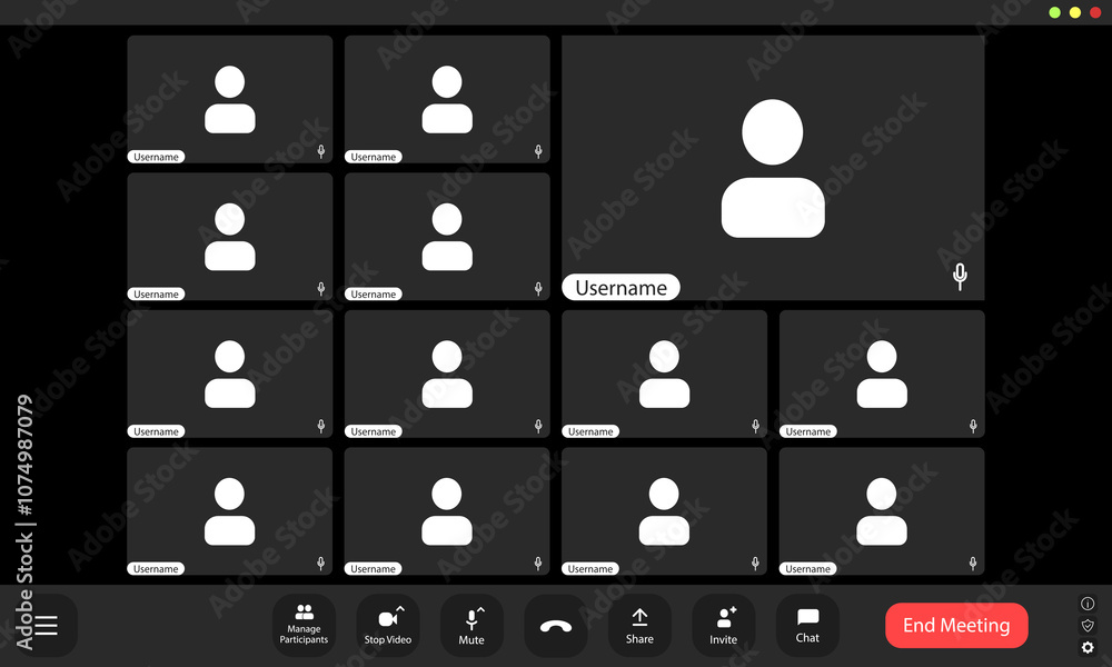 Poster a virtual meeting setup with multiple participants showcasing blank user icons against a dark backgr