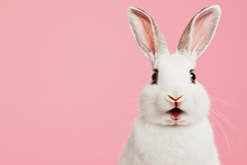 Obraz premium A cute white rabbit with expressive eyes and pink background, perfect for Easter, spring themes, or animal decor.