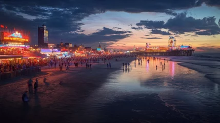Foto auf Acrylglas Abstieg zum Strand A stunning twilight view of Atlantic City showcasing its vibrant boardwalk and lively beach atmosphere  © vadosloginov