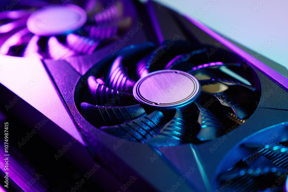 Fototapete Close-up of high-performance graphics card with cooling fans illuminated by neon lighting. Modern video card for gaming and advanced computing