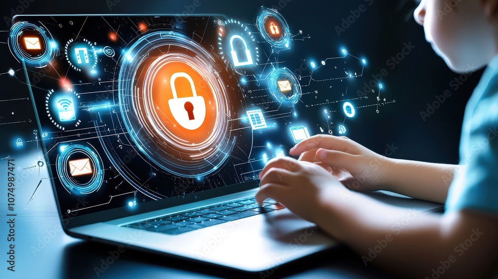 Poster a child using a laptop with an online safety warning on the screen, emphasizing digital safety with 