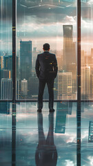 Fototapeta premium Man Overlooking City from Skyscraper Observation Deck