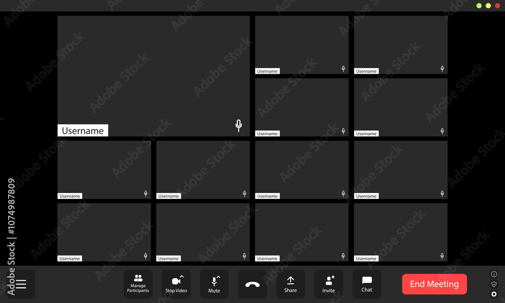 Poster virtual meeting grid with multiple blank participants displayed on a dark interface during a morning