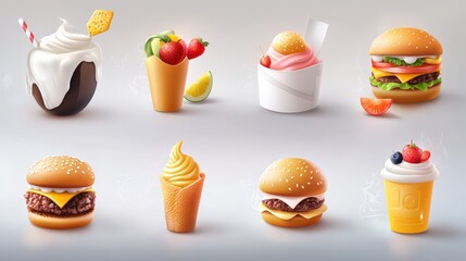 A collection of food illustrations on a blackboard, including burgers, fruits, and desserts, all drawn with chalk and presented on a white background.