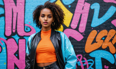 Fototapeta premium A young woman stands in front of a colorful graffiti wall