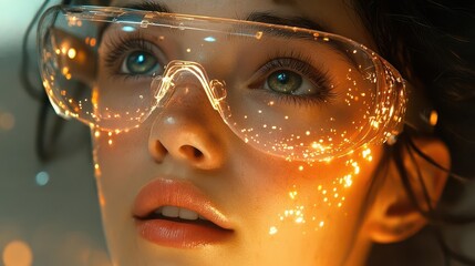 a woman gazes upward while wearing virtual reality glasses, surrounded by glowing holographic elements depicting a connected world, illustrating the fusion of technology and imagination