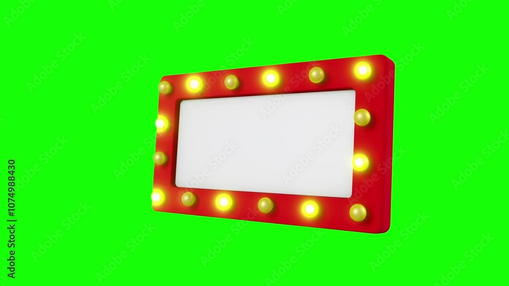 Poster close up empty red sign mock up with blinking light bulbs, side view shot, isolated black and green 