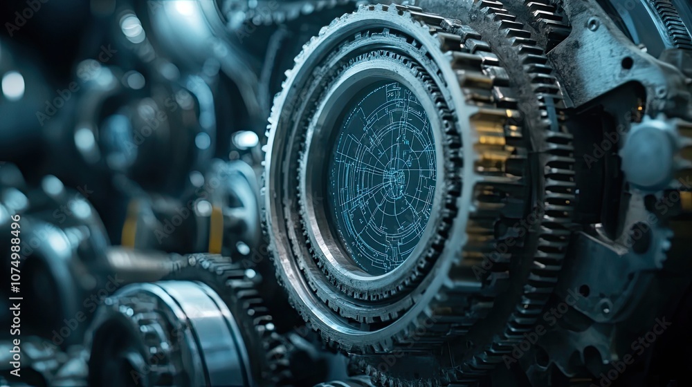 Aufkleber close-up of a complex mechanical gear system with a circular pattern