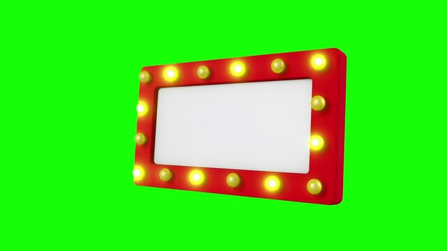 Close up empty red sign mock up with blinking light bulbs, side view shot, isolated black and green screen background, 3D seamless looping animation.