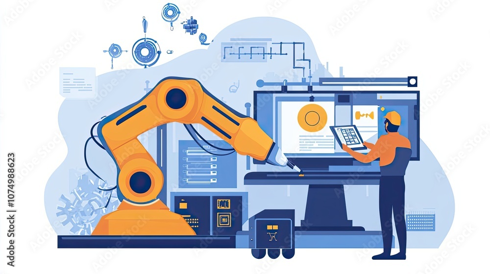 Poster industrial worker monitoring robotic arm and computer system