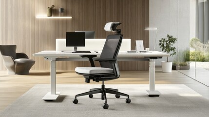 Modern Office Workspace with Ergonomic Chair and Adjustable Desk