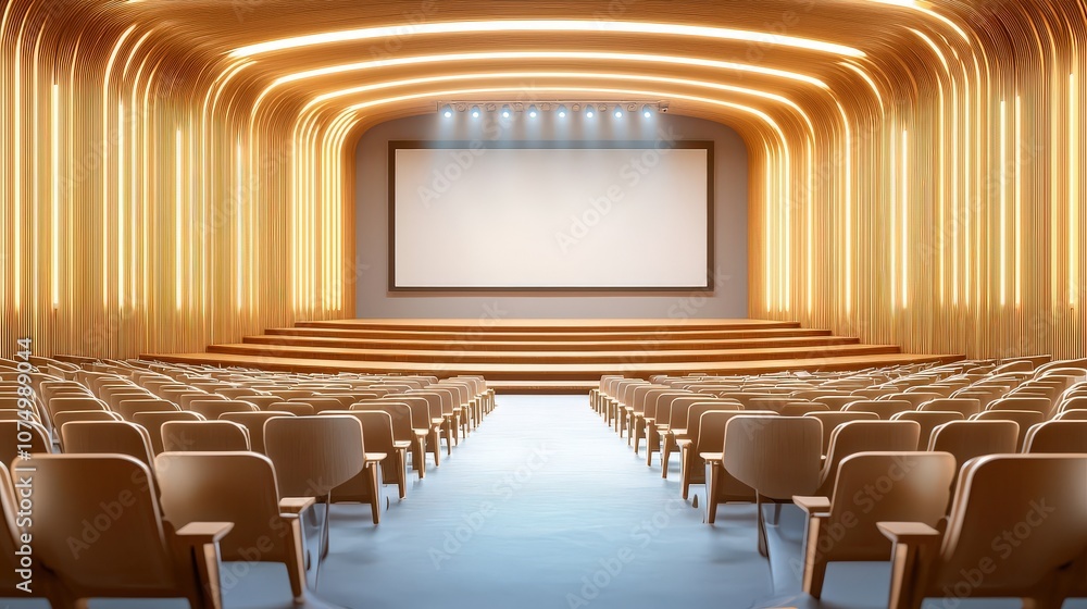 Poster a university lecture hall with comfortable seating, a large projector screen, and an interactive whi