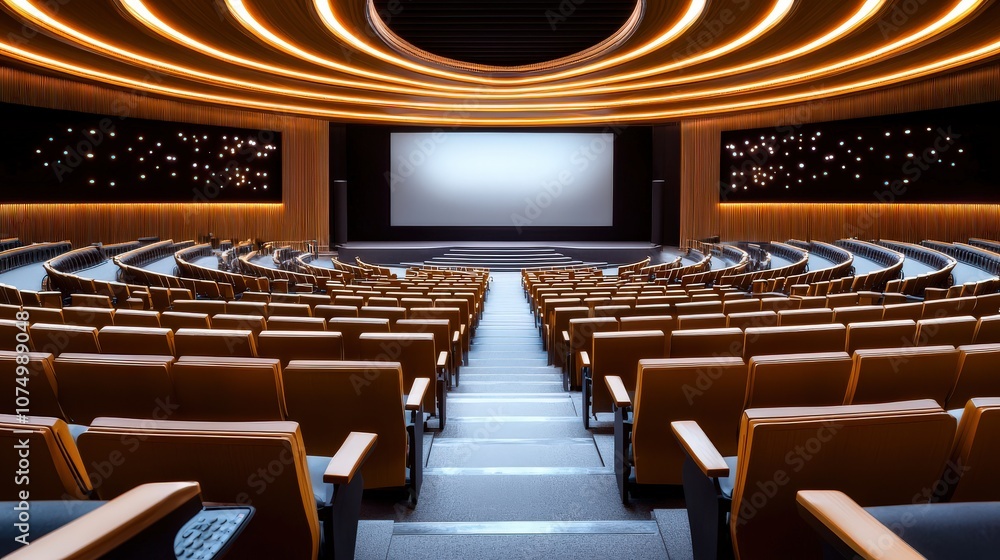 Poster a university lecture hall with comfortable seating, a large projector screen, and an interactive whi