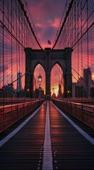Fototapeta premium A stunning sunset view from the Brooklyn Bridge showcasing the iconic architecture against a vibrant sky