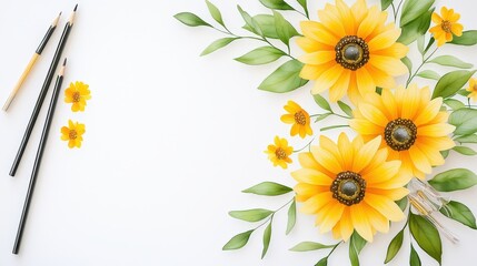 Naklejka premium A sunflower-themed greeting card with vibrant yellow flowers on a white background, perfect for birthday or special occasion wishes.